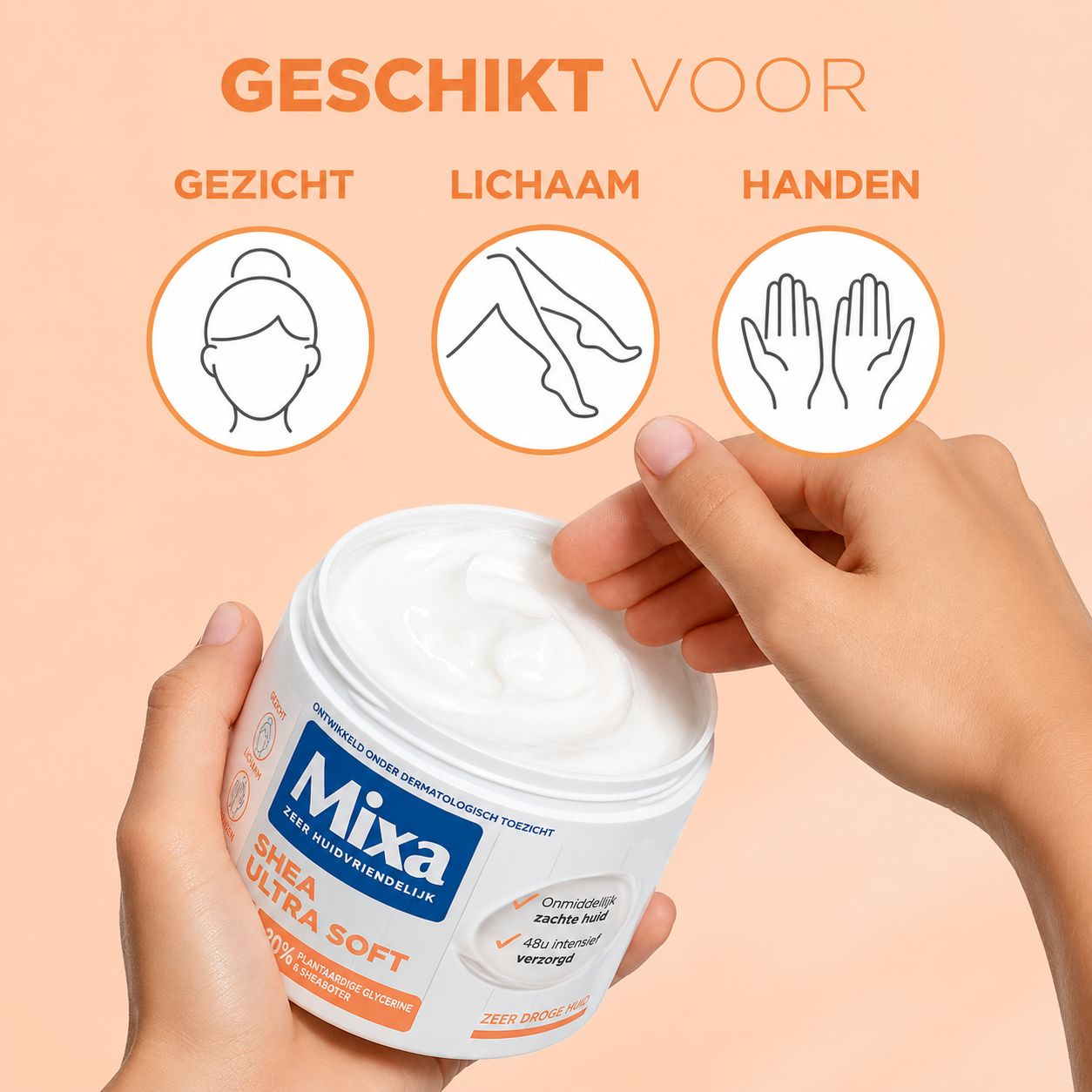 Mixa Shea Ultra Soft crème in een witte pot, vastgehouden door een hand. Iconen tonen gezicht, lichaam en handen.