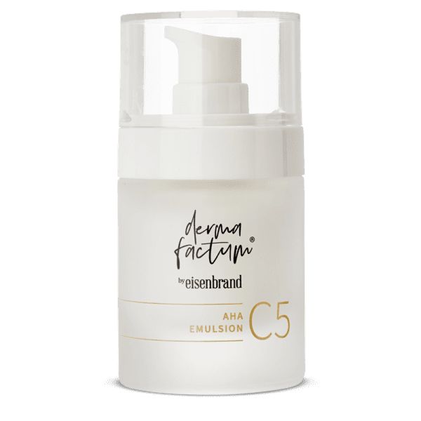 Witte dispenser met transparante dop. Opschrift: Dermafactum, AHA Emulsion C5.