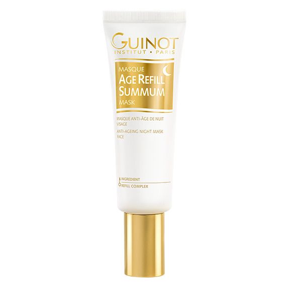 Tube blanche et dorée avec texte. Inscription: Guinot, Age Refill Summum Mask. Masque anti-âge de nuit.