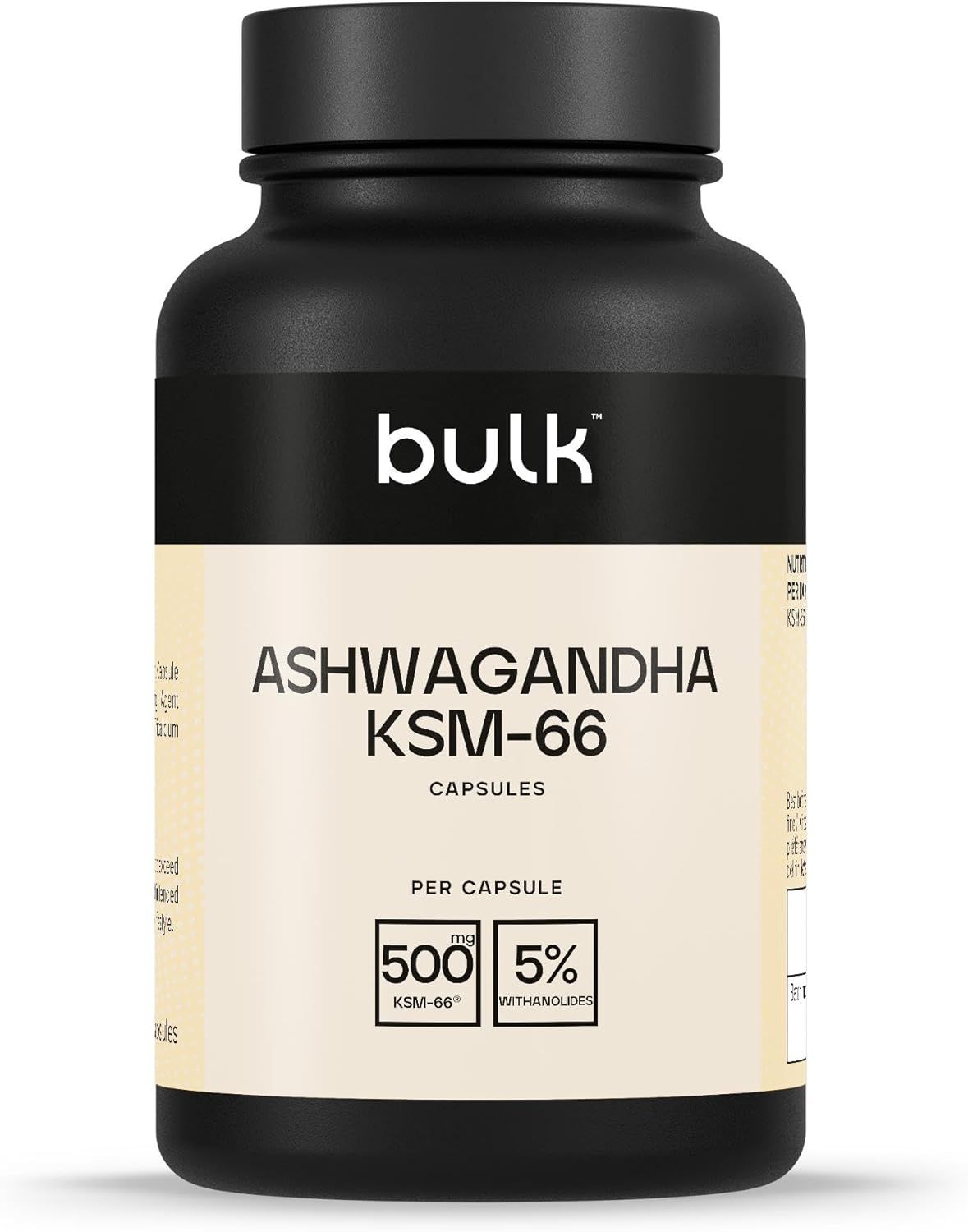 Flacon noir avec étiquette blanche. Inscription: Ashwagandha KSM-66 Capsules. Contient 500mg par capsule. Marque: bulk.
