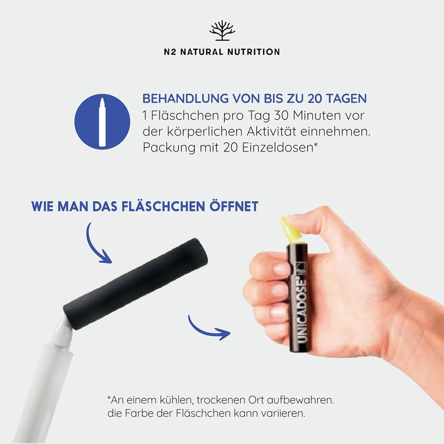 Hand opent ampul. Tekst: Behandeling tot 20 dagen. 1 flesje per dag. Verpakking met 20 enkelvoudige doses. Hoe het flesje te openen.