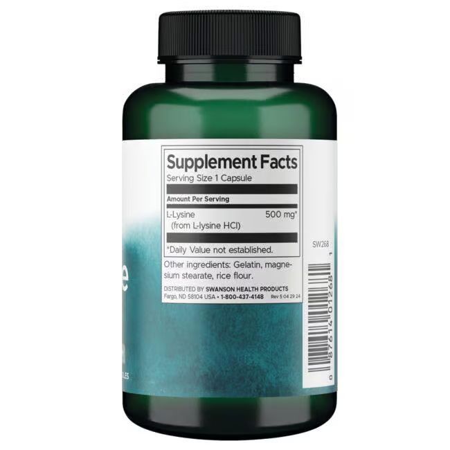 Dos du flacon vert. Étiquette blanche avec informations nutritionnelles: L-Lysine 500 mg.