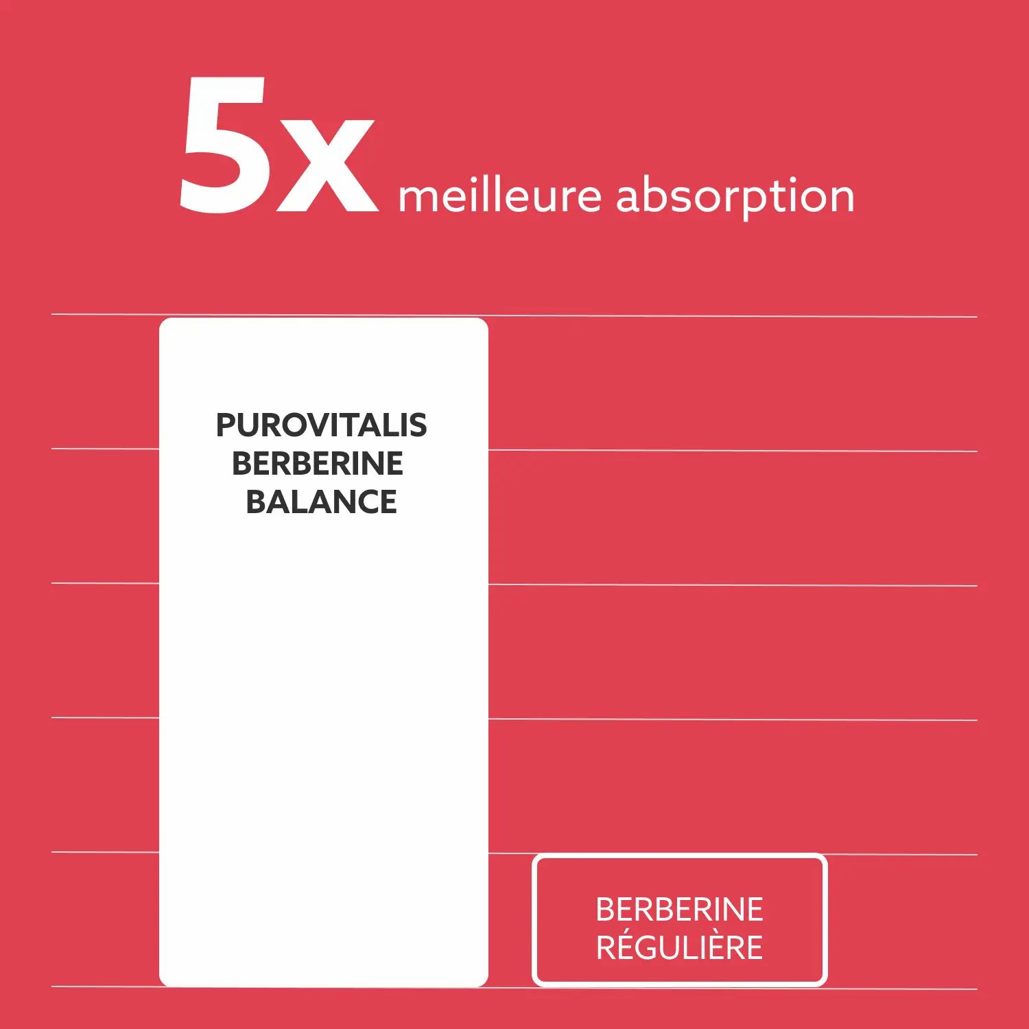 Diagramme avec barres. Texte : 5x meilleure absorption. Purovitalis Berberine Balance et berbérine régulière.