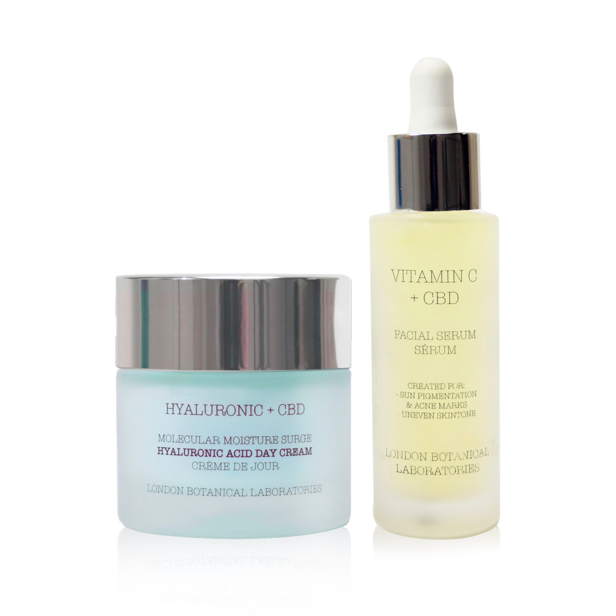 Crème- en serumfles. Opschrift: Hyaluronic + CBD, Vitamin C + CBD. Merk: London Botanical Laboratories.
