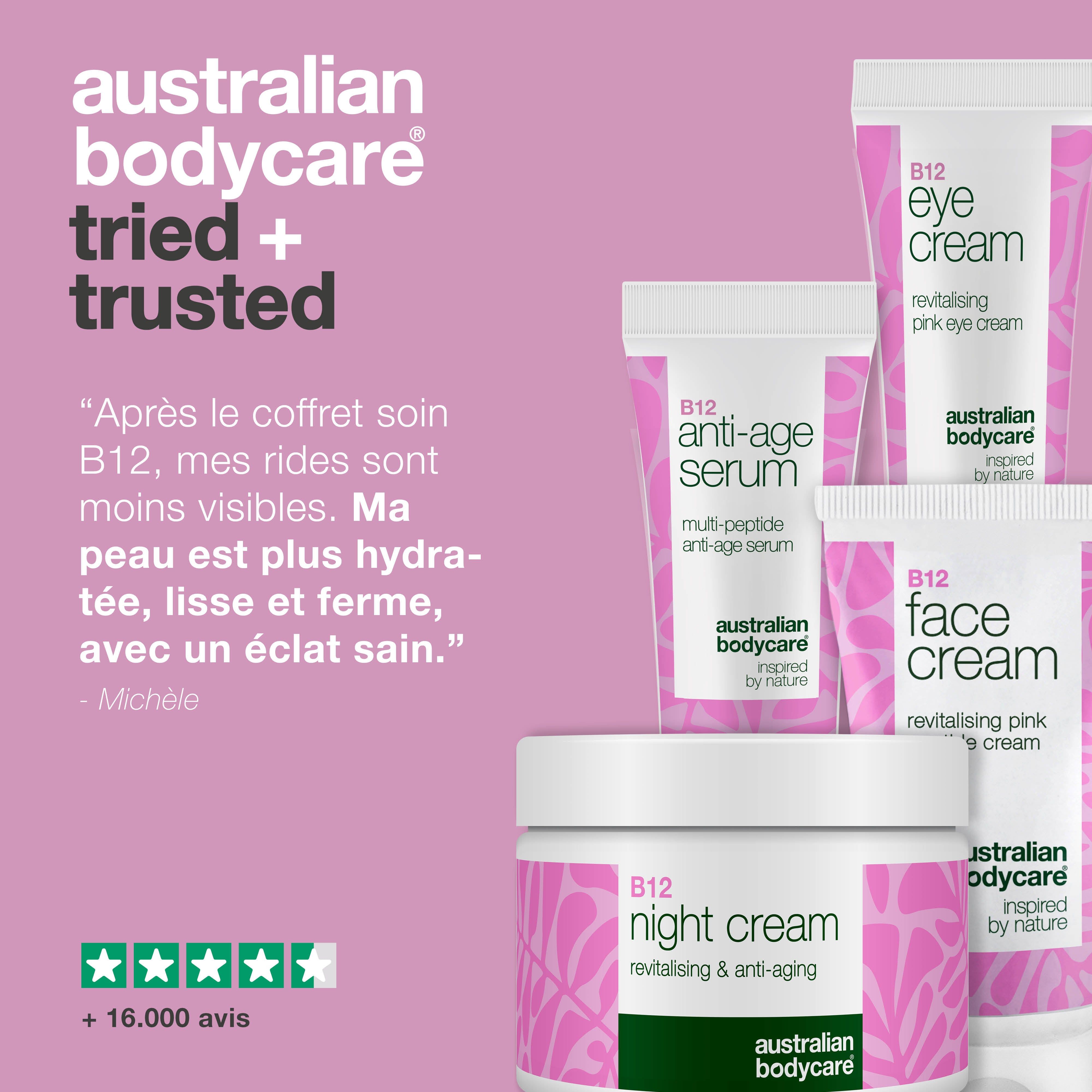 Produits : crème pour les yeux, sérum, crème visage, crème nuit. Texte : Australian Bodycare tried + trusted. Citations et notation par étoiles.