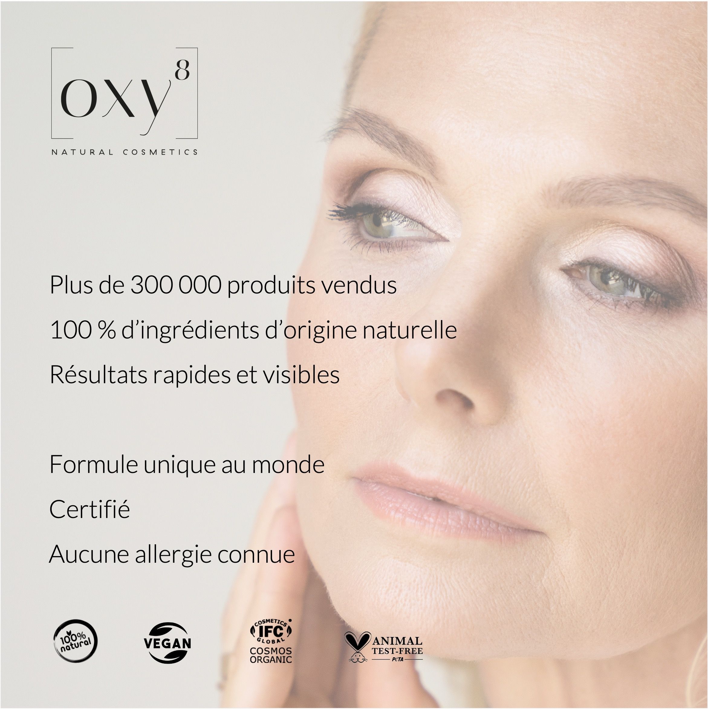 Femme avec du texte. À côté, des logos. Le logo porte "VEGAN".