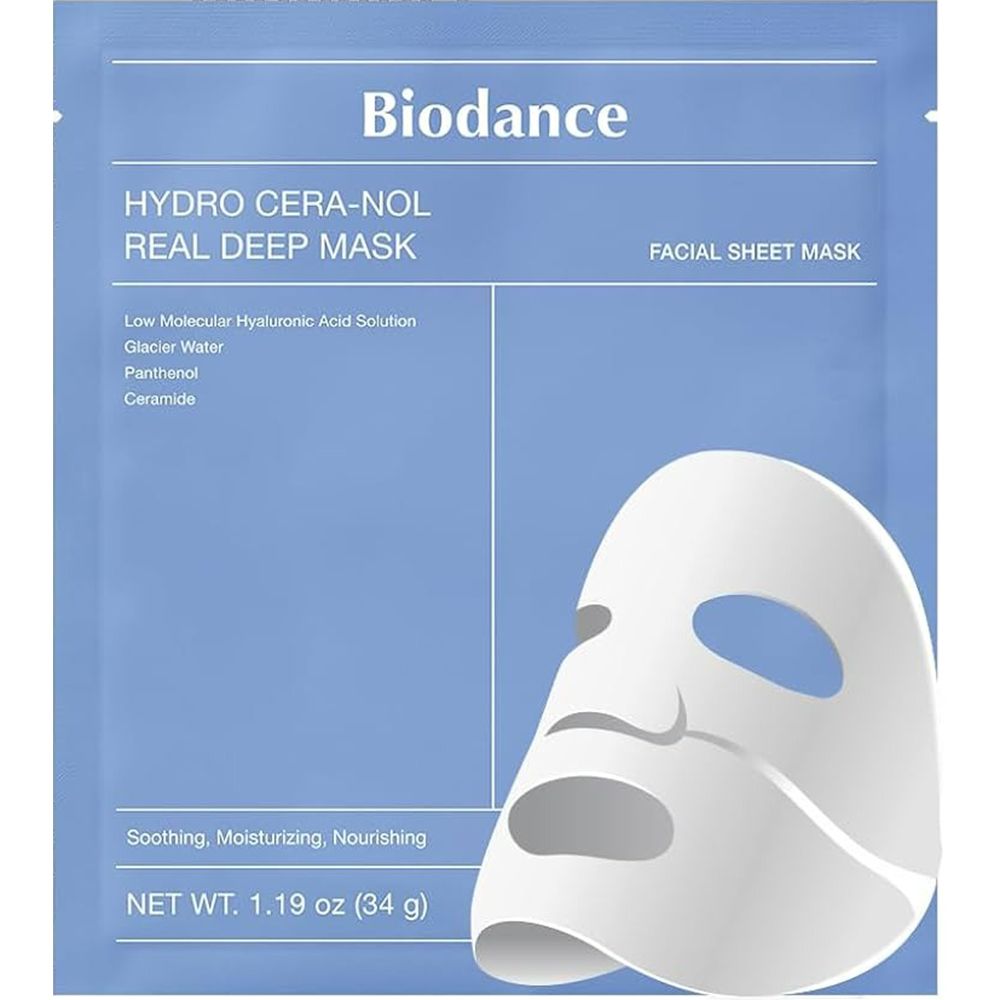 Sachet bleu avec masque facial blanc. Texte : Biodance, Hydro Cera-Nol Real Deep Mask, Facial Sheet Mask. Poids net : 34 g.