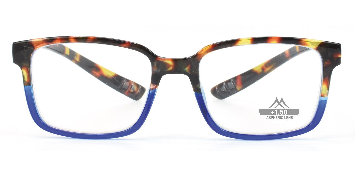 Lunettes avec monture bleue et motif marron-jaune. "+1.50 ASPHERIC LENS" est inscrit sur le verre.