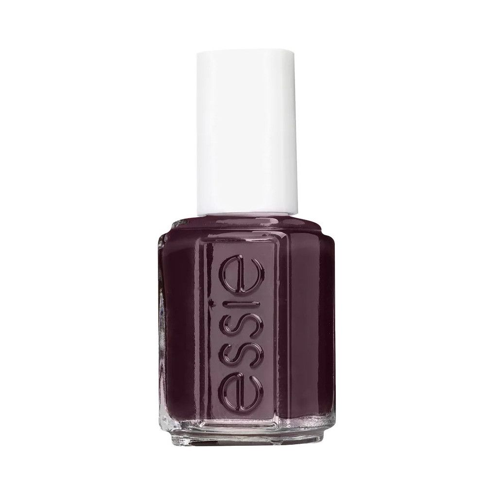 Essie nagellakfles in donkerrood. Fles met witte dop, vierkante vorm, Essie-logo.