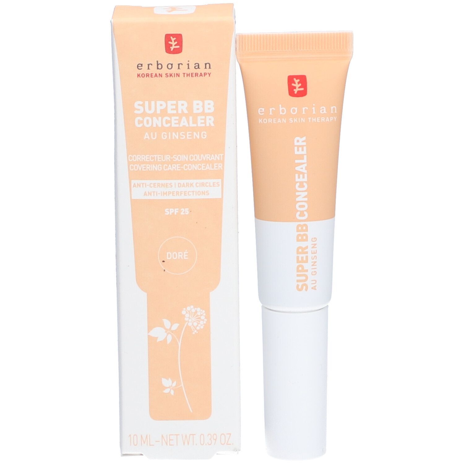 Emballage et tube de correcteur. Inscription: SUPER BB CONCEALER, AU GINSENG. Teinte: DORE. Marque: Erborian. Volume: 10 ml.