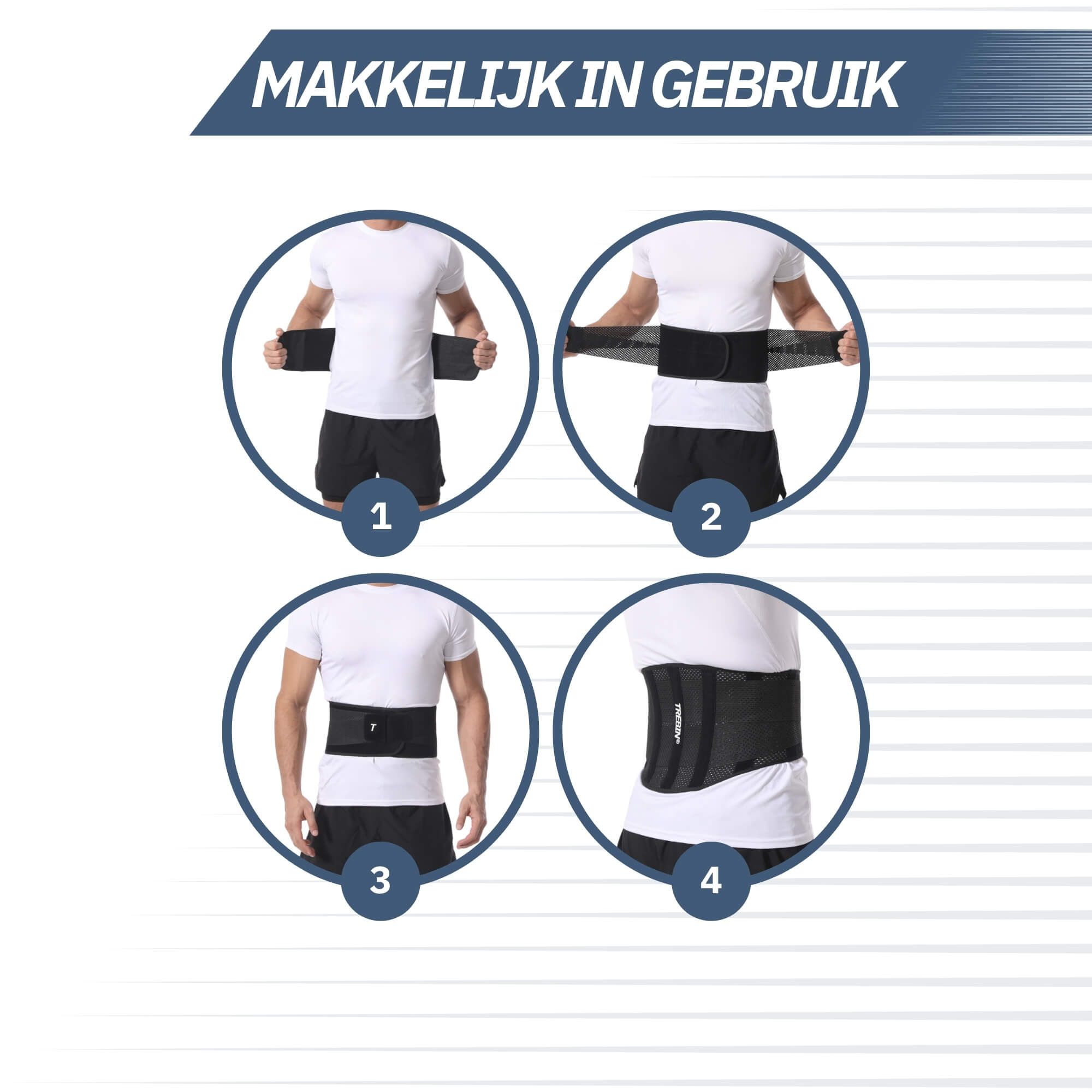 Achterkant van een man met een zwarte rugsteun met verticale verstevigingen en het merk 'TREBIN'.