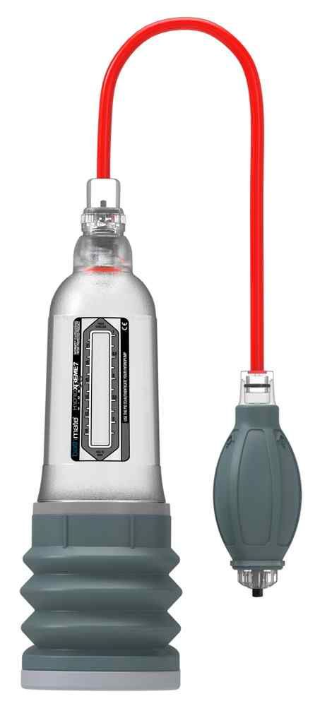 Bathmate HydroXtreme7 Clear Wide Boy met rode slang en pomp.