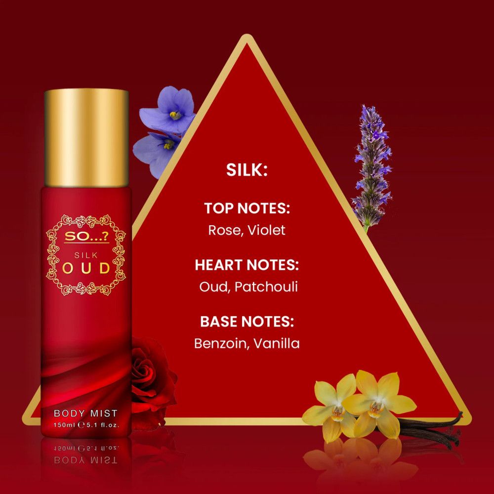 Flacon de brume rouge avec bouchon doré. Texte : So...? Silk Oud, Body Mist. Ingrédients sur triangle rouge.