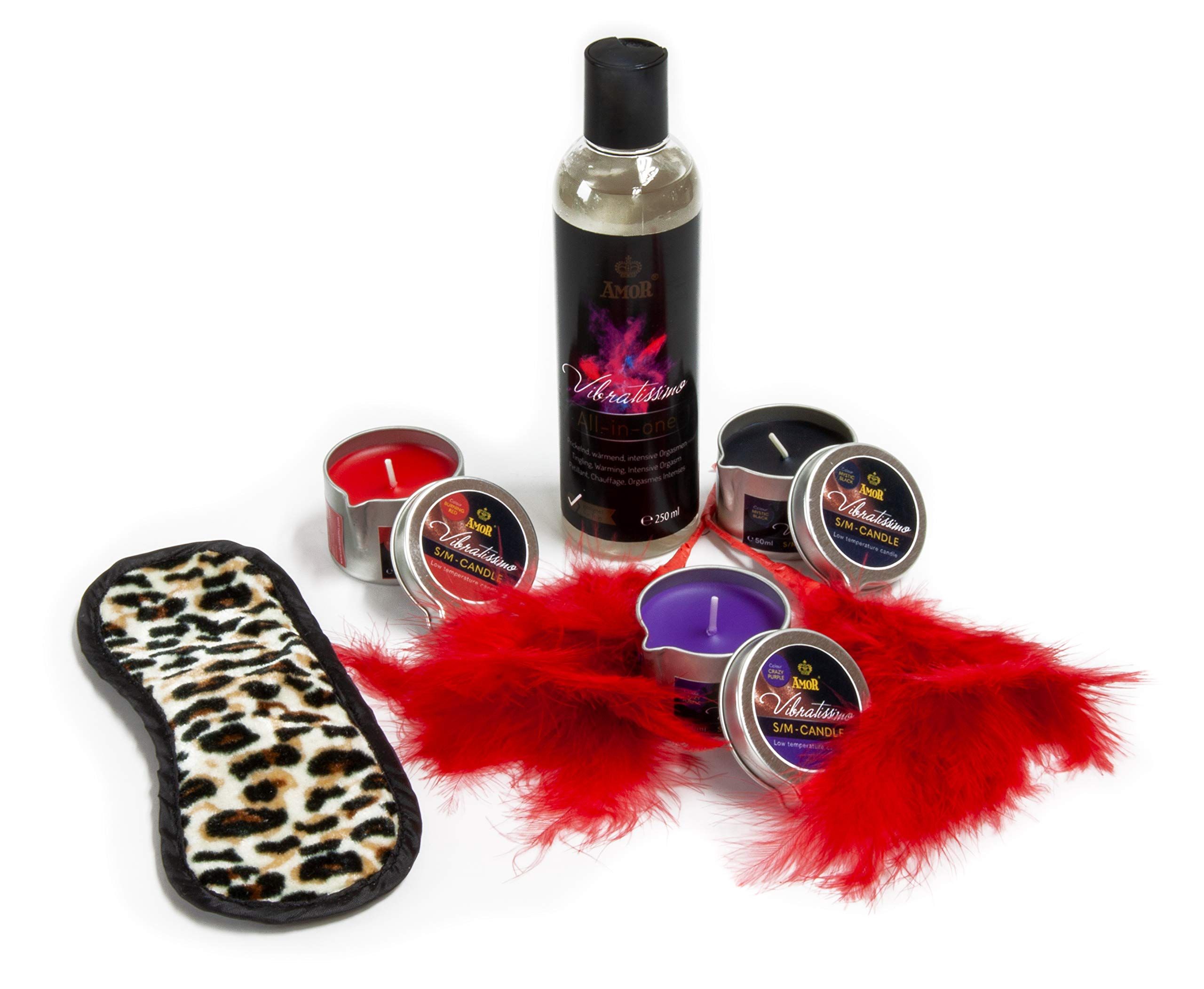 Set de bougies Vibratissimo S/M avec gel lubrifiant, masque pour les yeux et plumes.