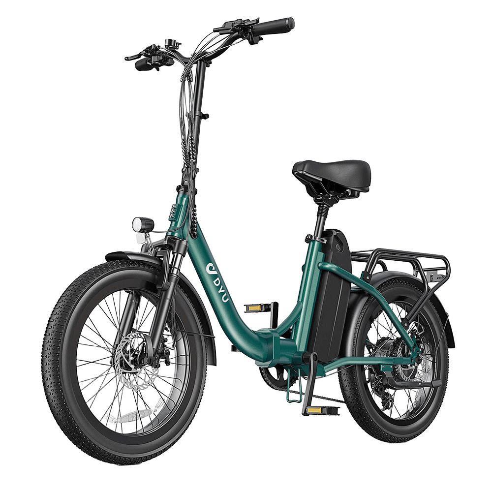 Groene DYU C9 elektrische fiets. Zwarte banden, zadel en bagagedrager. Koplamp.