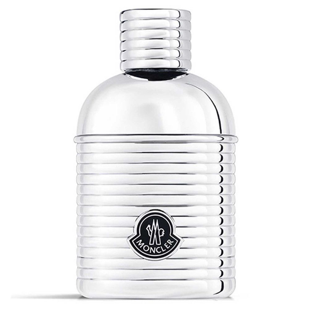 Flacon argenté avec surface cannelée. Logo Moncler. Bouchon cannelé. Eau de Parfum.