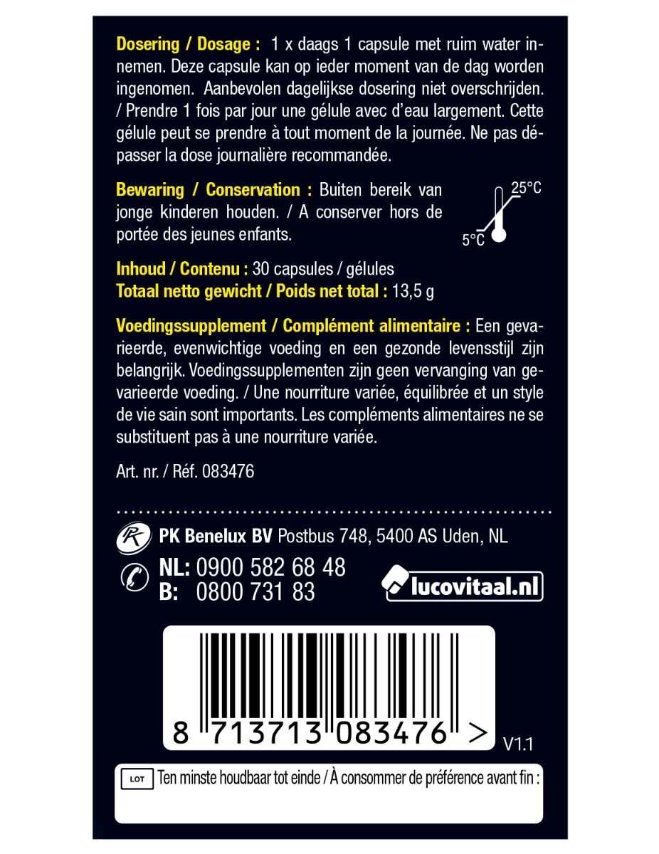 Achterkant van de verpakking. Bevat informatie over dosering, bewaring, inhoud, voedingswaarde, contactgegevens en barcode.