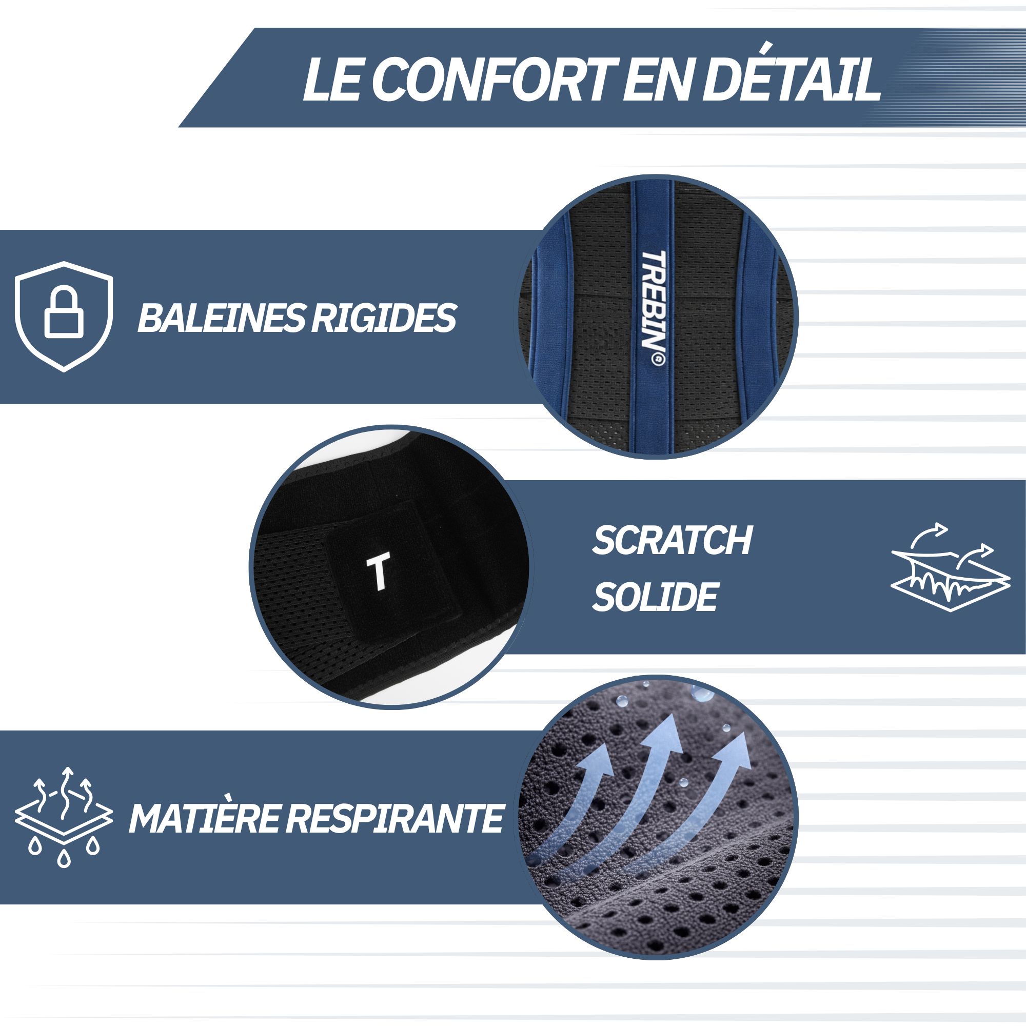 Vues détaillées: Baleines rigides, scratch solide, matière respirante de la ceinture lombaire.