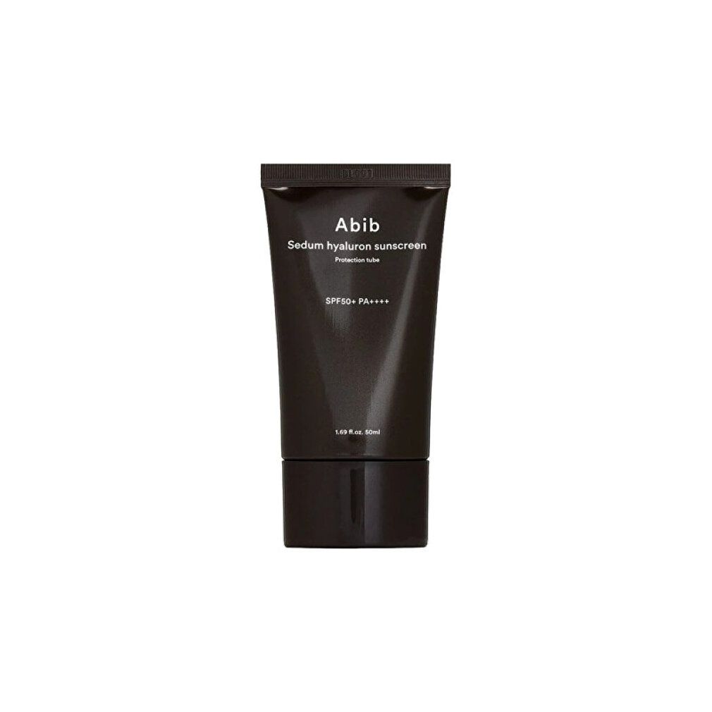 Tube foncée avec inscription 'Abib Sodium hyaluron sunscreen' et FPS50+ PA+++.