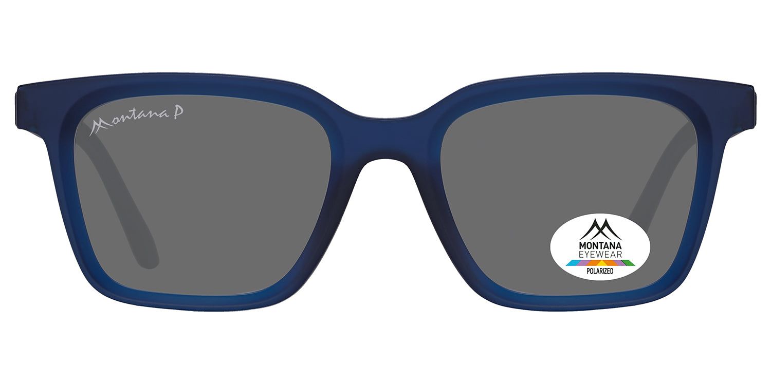 Lunettes de soleil bleues avec verres gris. Un autocollant avec le logo Montana Eyewear est sur la lentille droite.