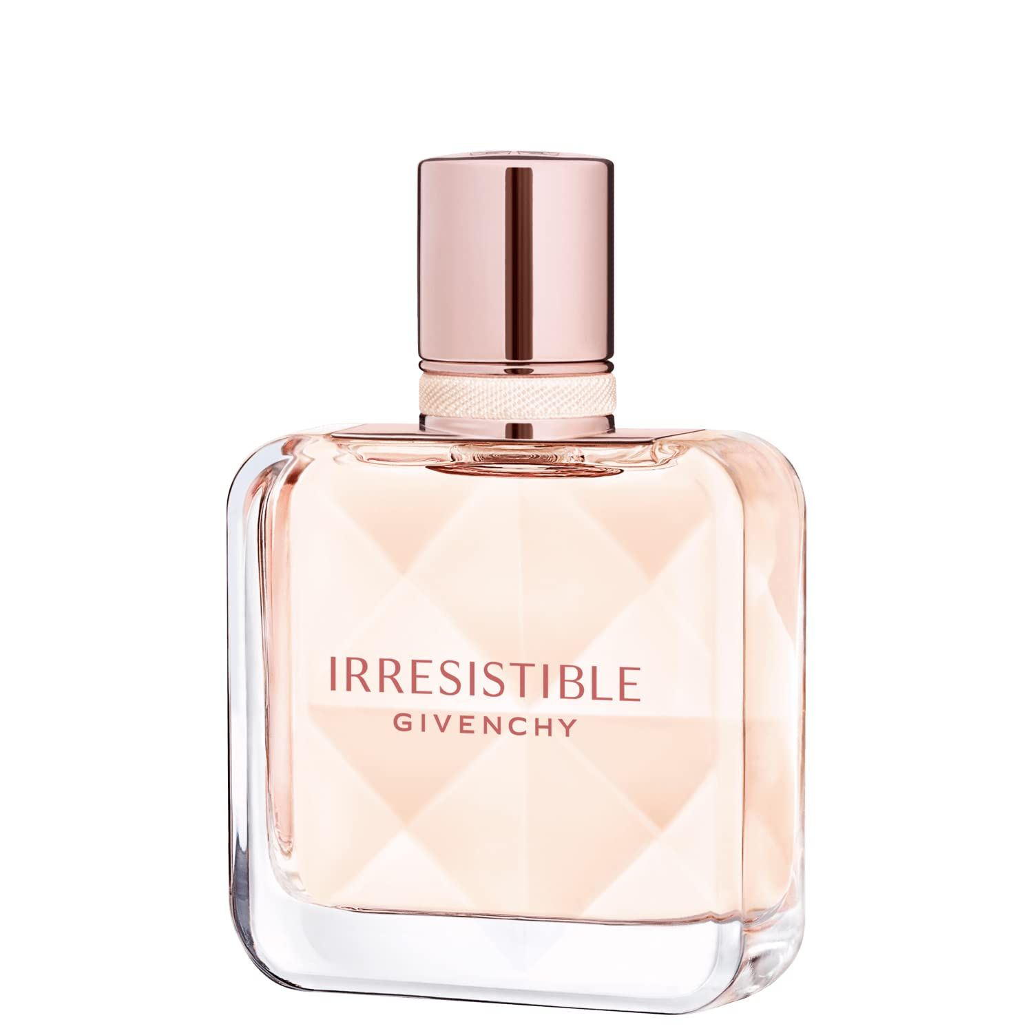 Parfumflesje Irresistible Givenchy. Vierkante vorm, helder glas, roségouden dop. Naam inscriptie op de voorkant.