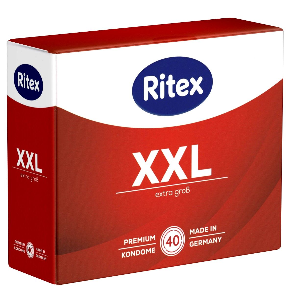 Verpakking van Ritex XXL condooms. Rode en witte doos met productnaam, maat en aantal. Gemaakt in Duitsland.