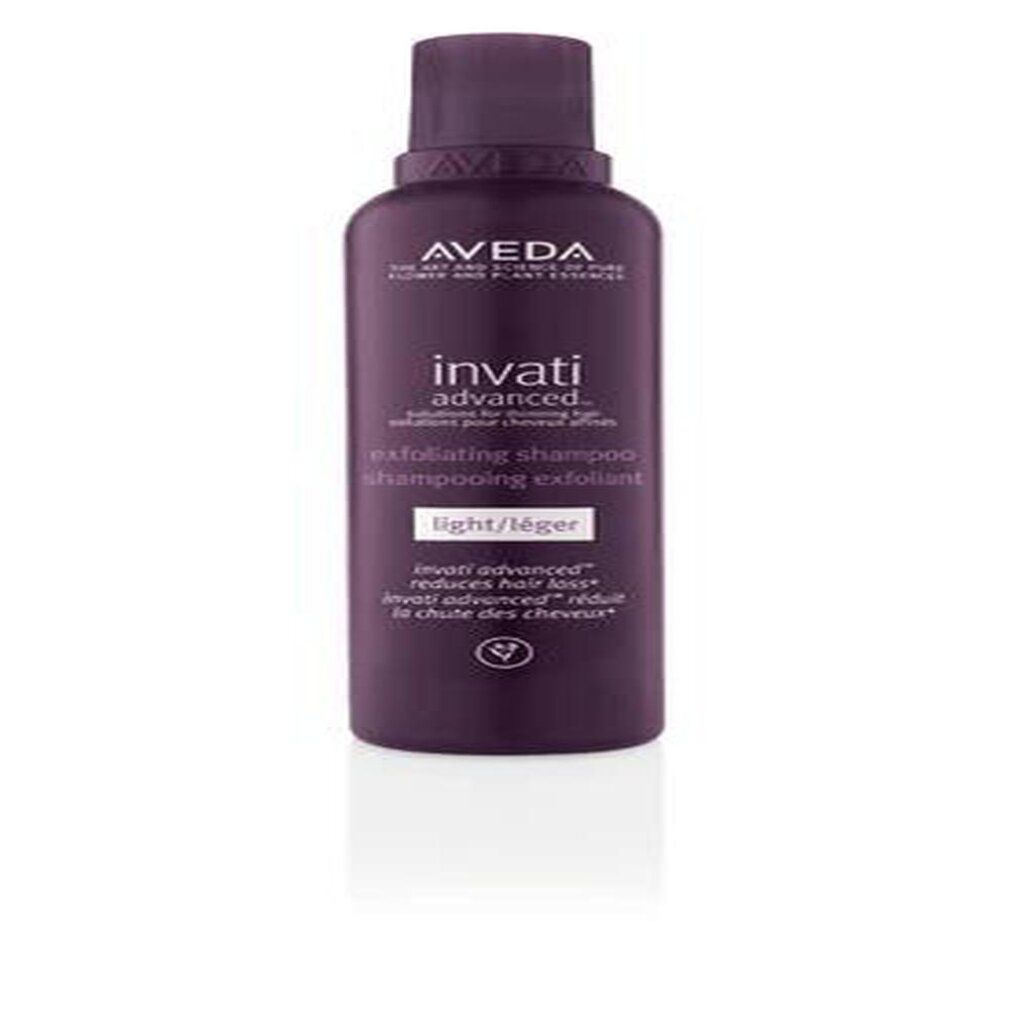 Flacon violet foncé Aveda Invati Advanced. Shampooing exfoliant light/léger. Logo végétalien.
