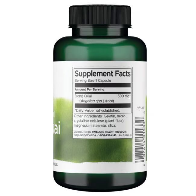 Achterkant van groene fles. Etiket met voedingsinformatie: Dong Quai, 530 mg. Overige ingrediënten. Fabrikant informatie.