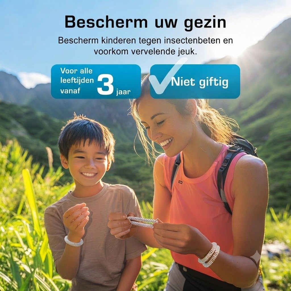 Vrouw en kind dragen insectenwerende armbandjes. Tekst: 'Niet giftig'.
