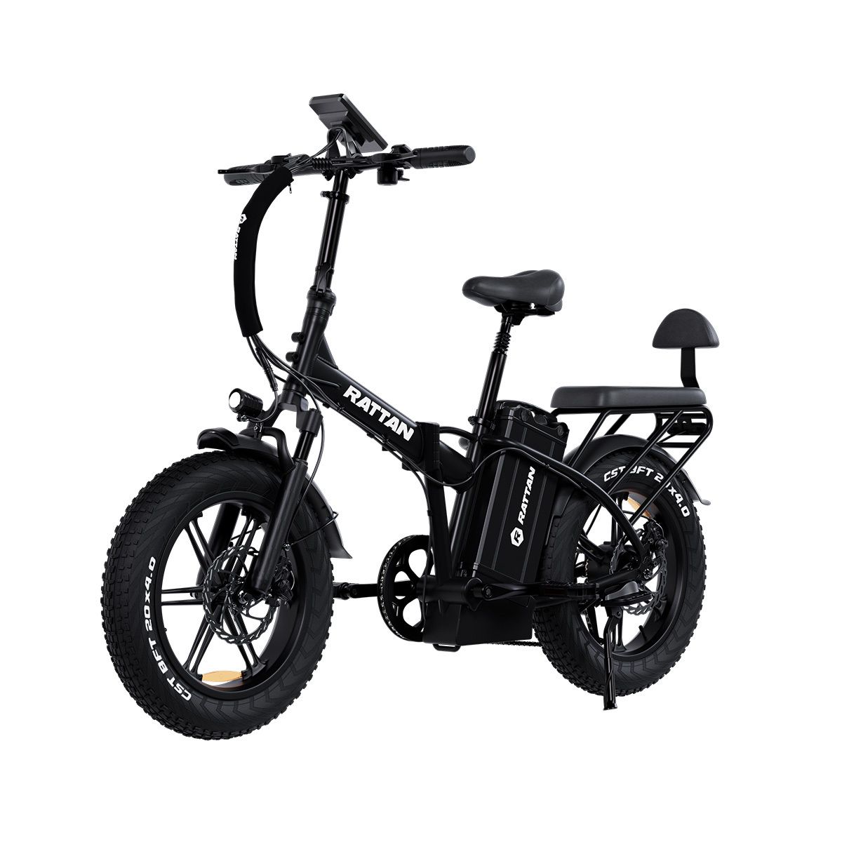 Vélo électrique noir RATTAN, pneus larges, porte-bagages et batterie amovible. Shimano 7 vitesses.