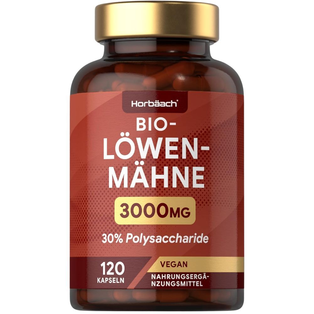 Bruine glazen fles met gouden dop. Opschrift: Bio-Lion's Mane 3000mg, 120 capsules. Vegan. Voedingssupplement.