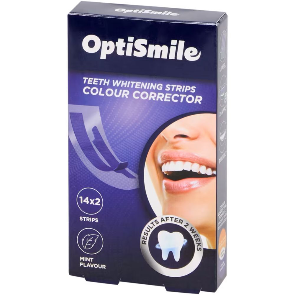 Doos OptiSmile whitening strips. Bevat 14x2 strips. Afbeelding toont tanden en product. Muntsmaak.