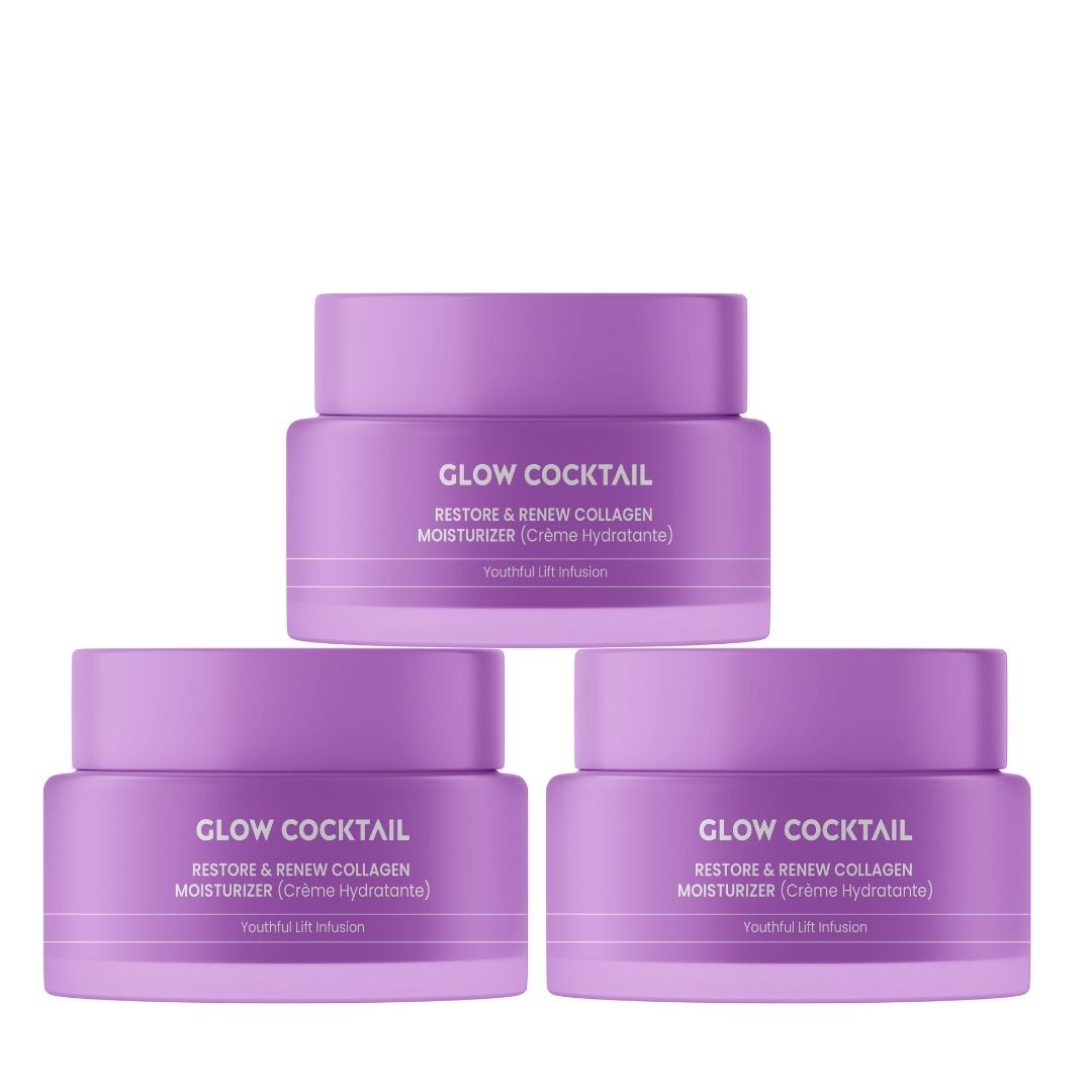 Trois pots violets. Chaque pot porte l'inscription "GLOW COCKTAIL", "RESTORE & RENEW COLLAGEN MOISTURIZER".
