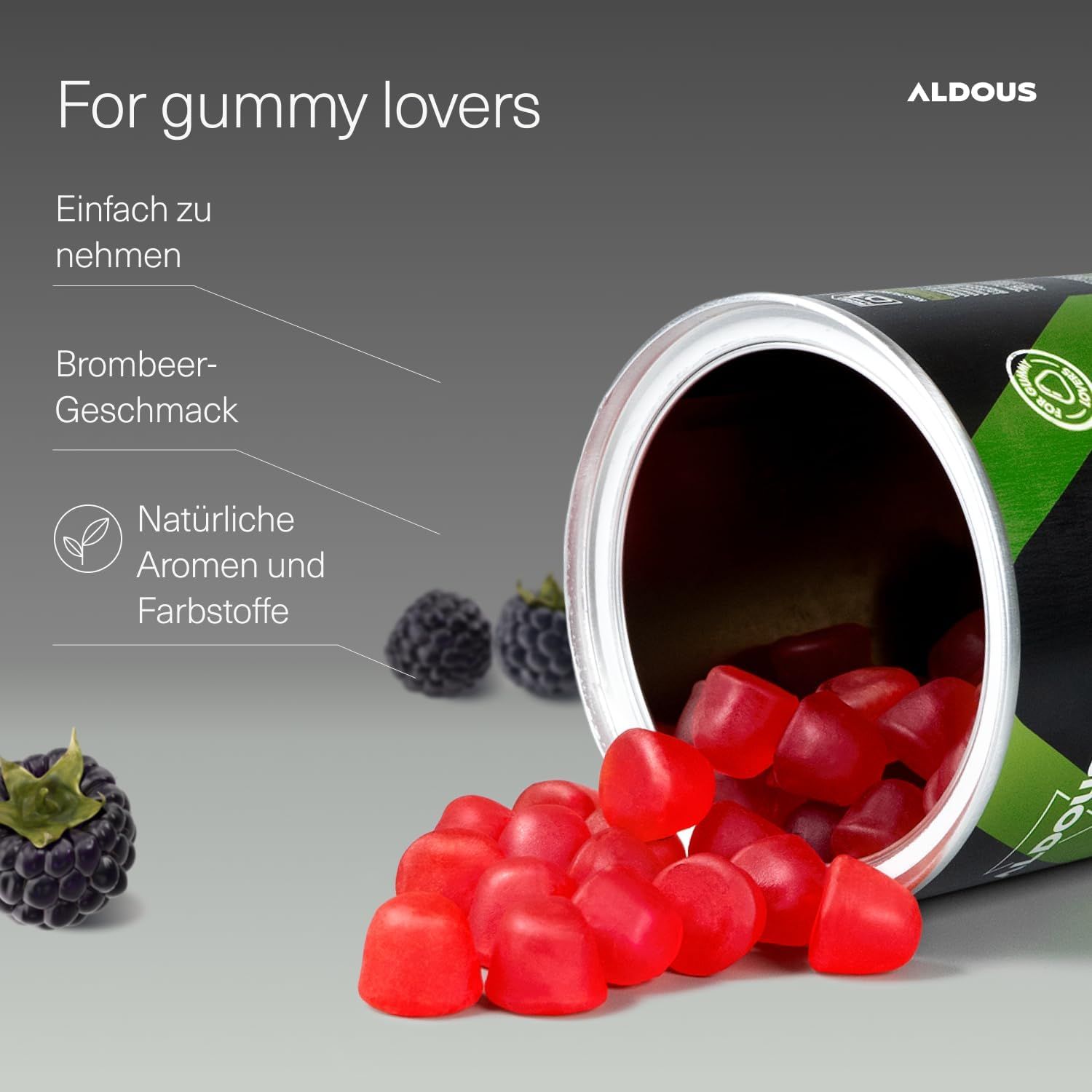 Bonbons gélifiés probiotiques Aldous hors de la boîte, goût mûre, arômes naturels.