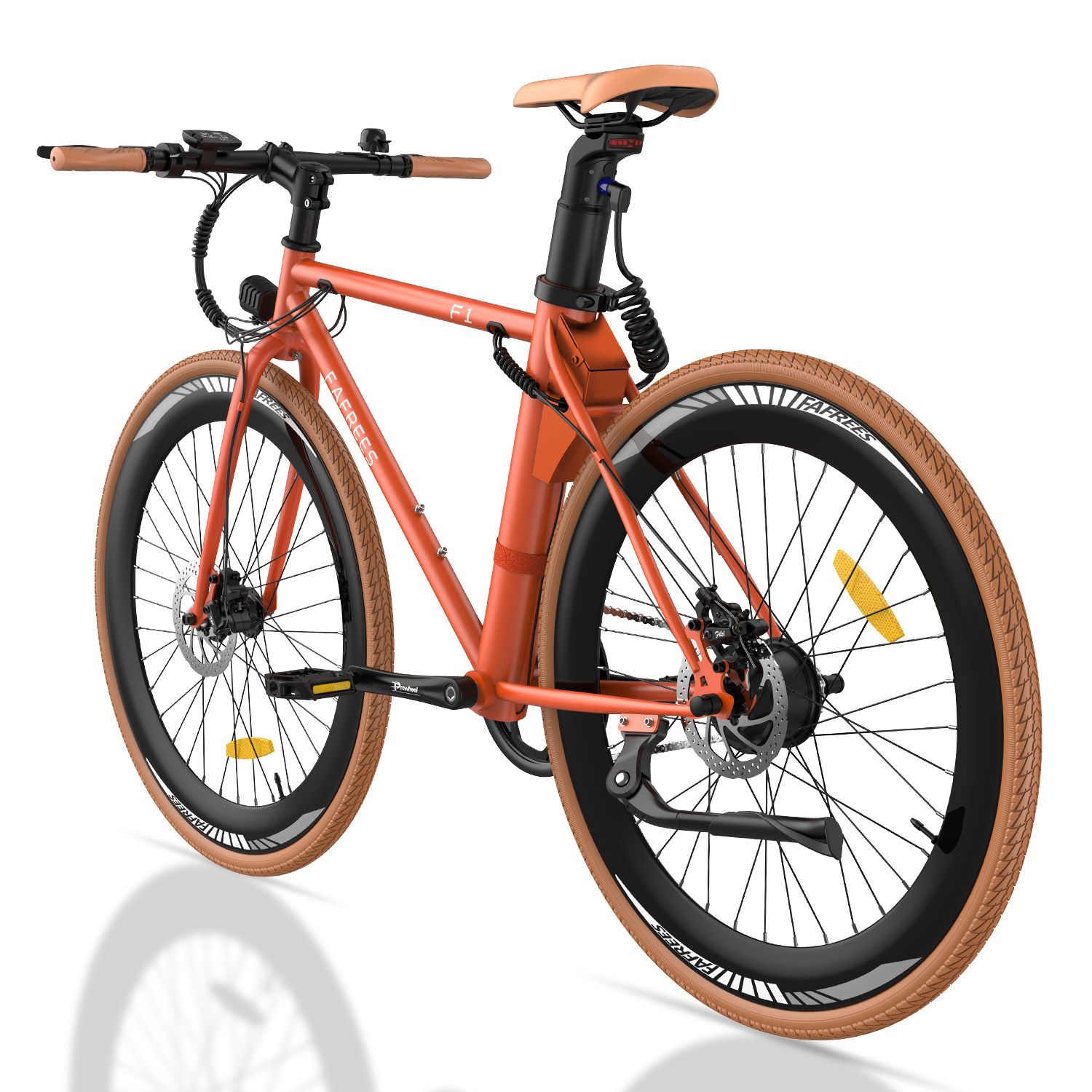 Oranje elektrische fiets met bruine banden en zadel. Fafrees-logo en F1-modelaanduiding zichtbaar.