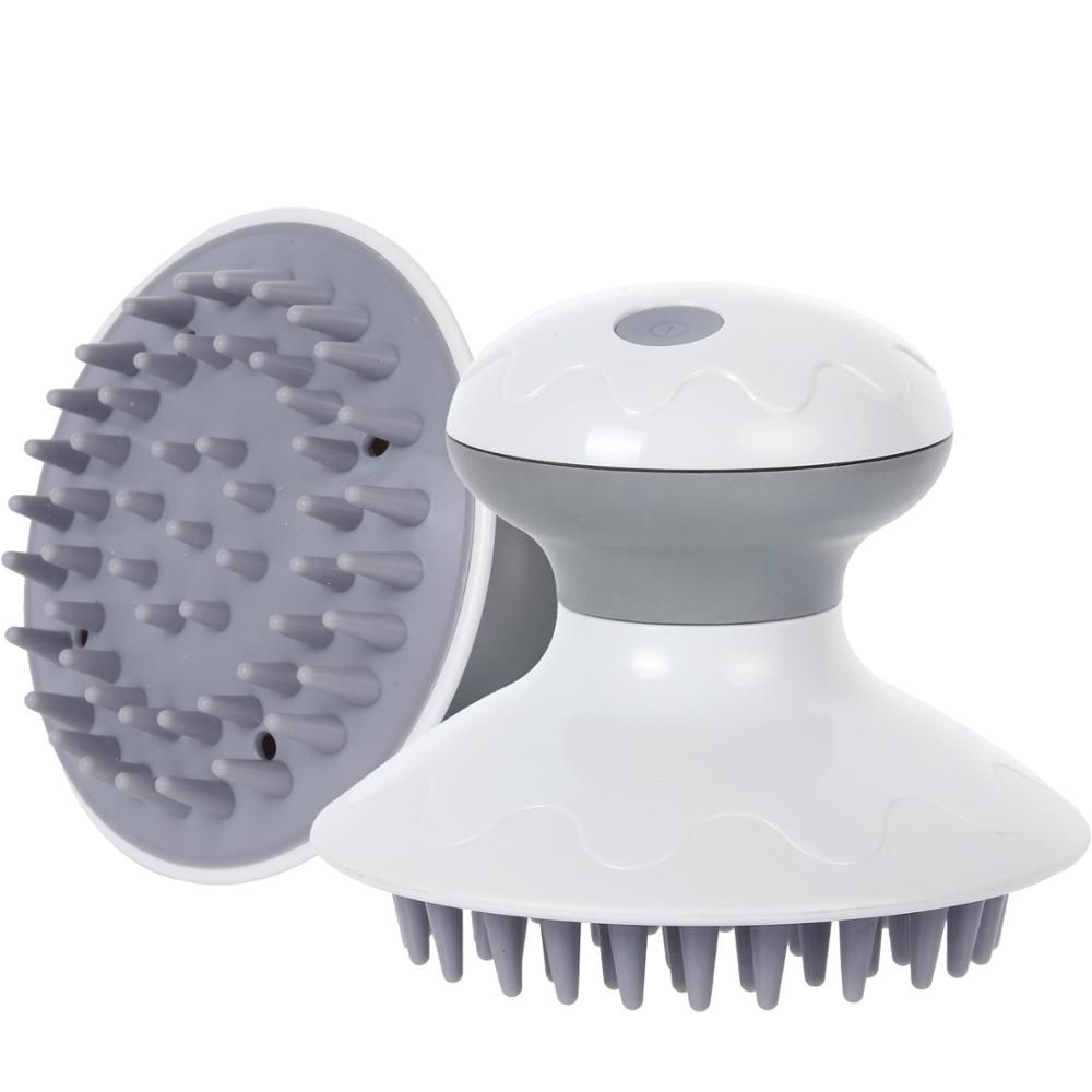 Elektronische Scalp Boost hoofdhuidmassager en afneembare borstelkop. Wit en grijs.