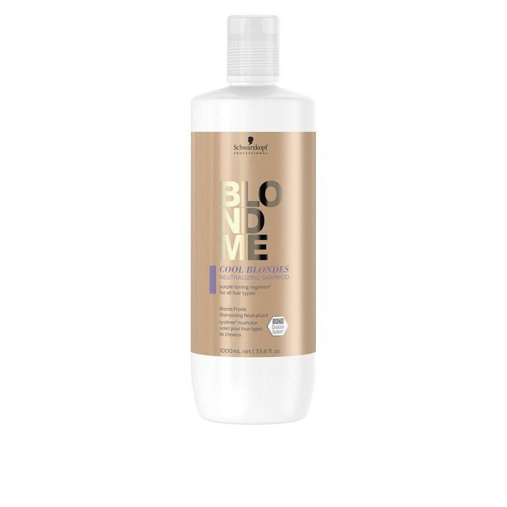 Schwarzkopf BlondMe Cool Blondes Shampoo. Witte fles met bruin etiket. Paarse accenten. Tekst: BlondMe, Cool Blondes.