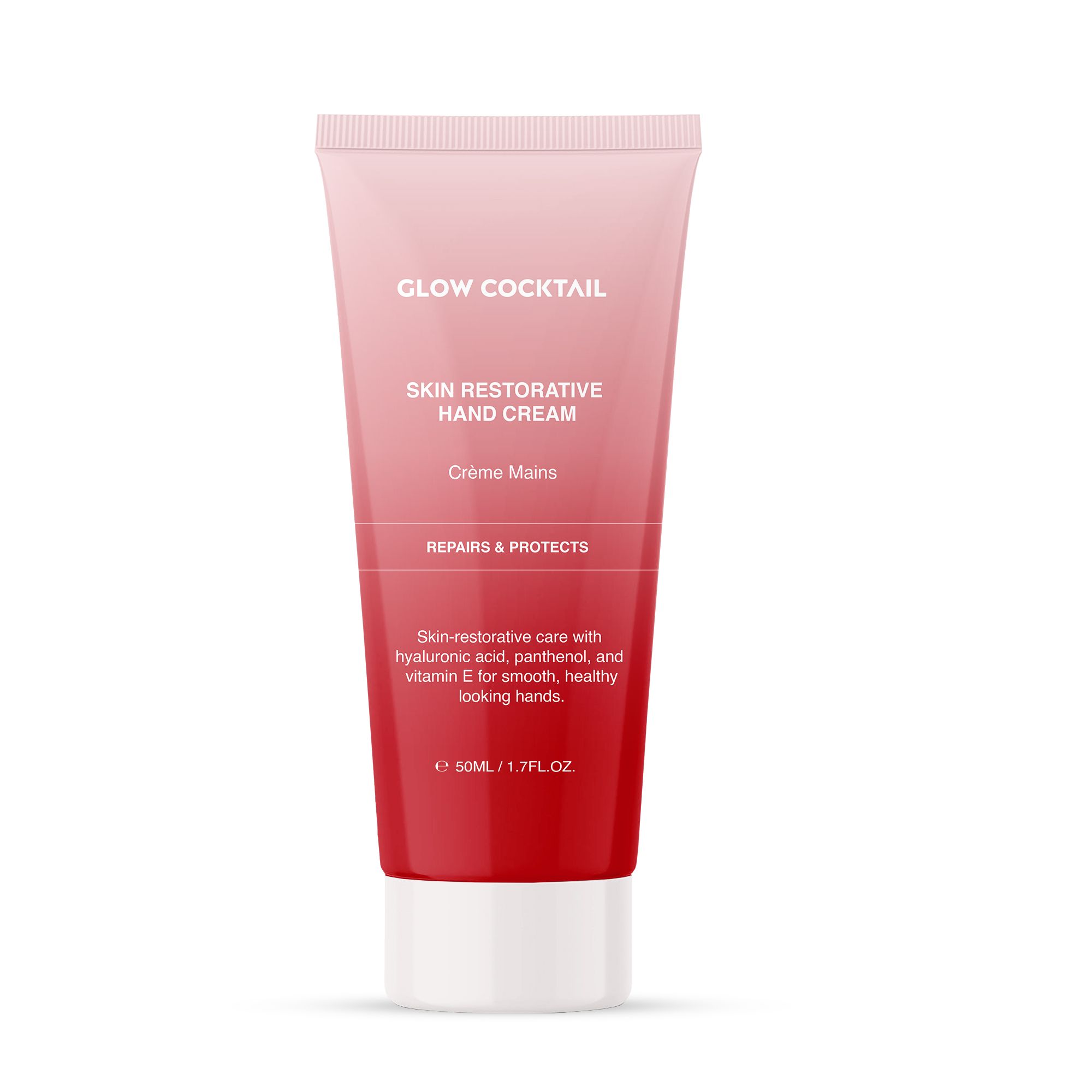 Handcrème in tube. Roze naar rood kleurenschema. Tekst: Glow Cocktail, Skin Restorative Hand Cream, Crème Mains. 50ml/1.7FL.OZ.