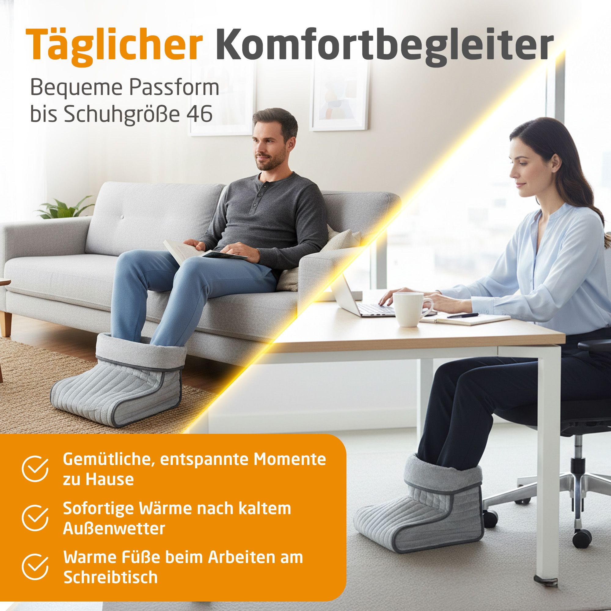 Grijze voetverwarmer voor schoenmaat tot 46, voor comfort thuis en op het werk.