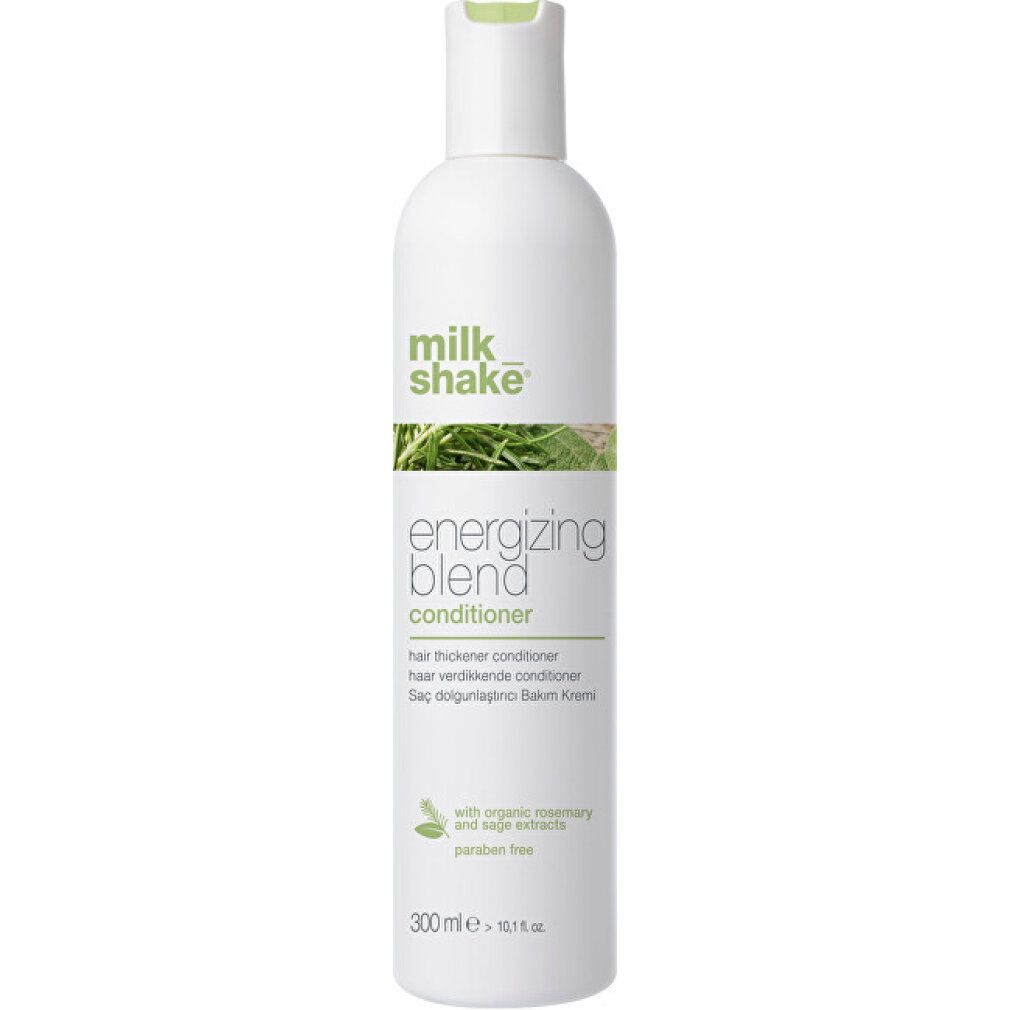 Witte fles met groene opdruk. Opschrift: milk_shake Energizing Blend Conditioner. Bevat rozemarijn- en salie-extracten. 300 ml.