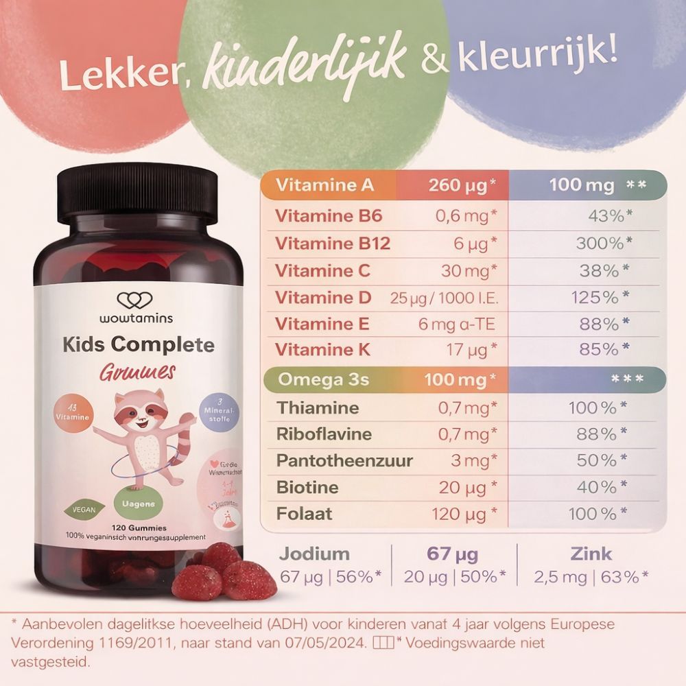 Fles WOWTAMINS KIDS COMPLETE met etiket dat 13 vitamines, 3 mineralen en Omega 3 vetzuren benadrukt.