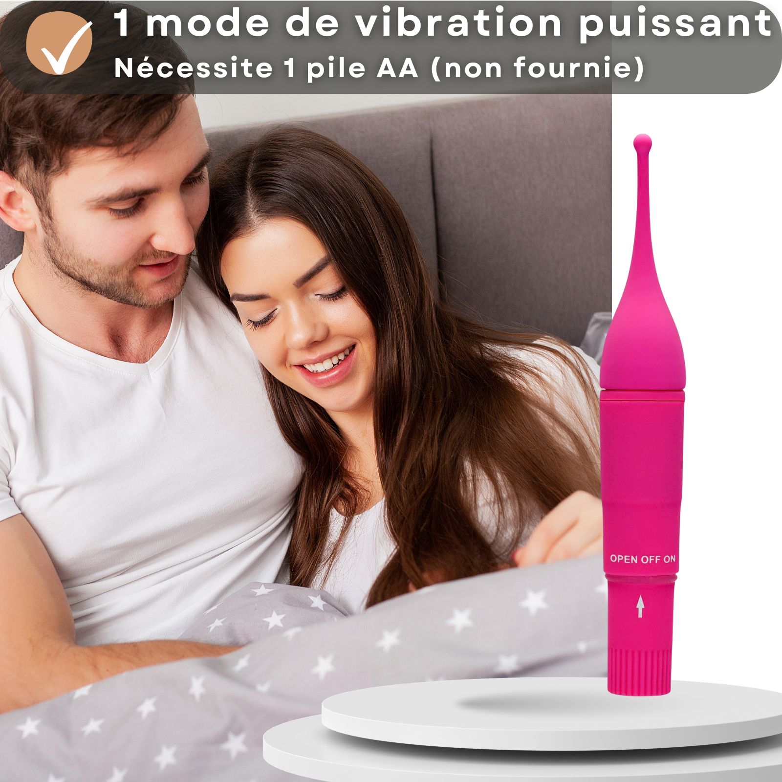 Vibrateur rose à côté d'un couple. Texte: 1 mode de vibration puissant, nécessite pile AA.