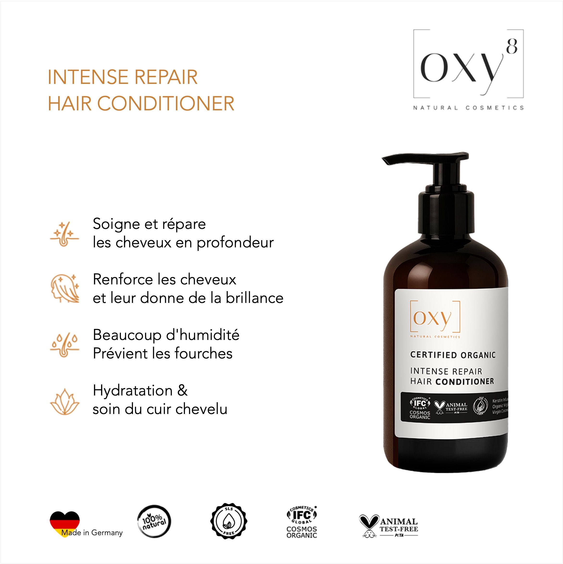 Flacon de produit avec texte et icônes. Texte: INTENSE REPAIR HAIR CONDITIONER. Icônes: Vegan, Bio, Sans tests sur animaux.