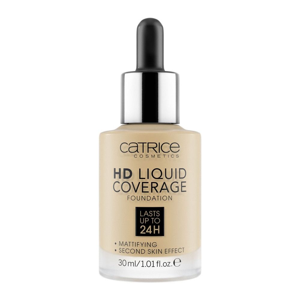 Fond de teint liquide HD. Flacon en verre avec pipette. Inscription: Catrice, HD Liquid Coverage Foundation, matifiant, 30ml.
