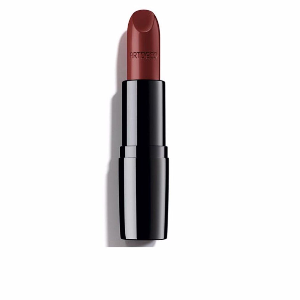 Roodbruine lipstick in een zwarte huls. Het woord "ARTDECO" is zichtbaar op de lipstick.