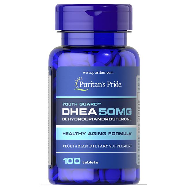 Puritan's Pride DHEA 50mg, 100 comprimés. Flacon bleu avec étiquette indiquant 'Youth Guard' et 'Healthy Aging Formula'.