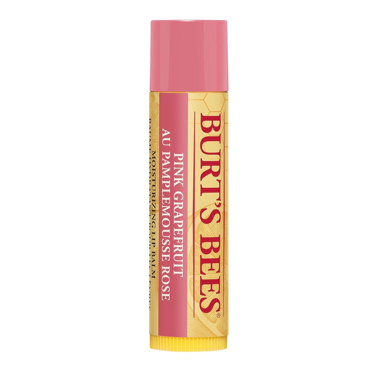 Baume à lèvres Burt's Bees. Étui rose avec nom du produit et texte. Inscription : Pink Grapefruit, Au Pamplemousse Rose.