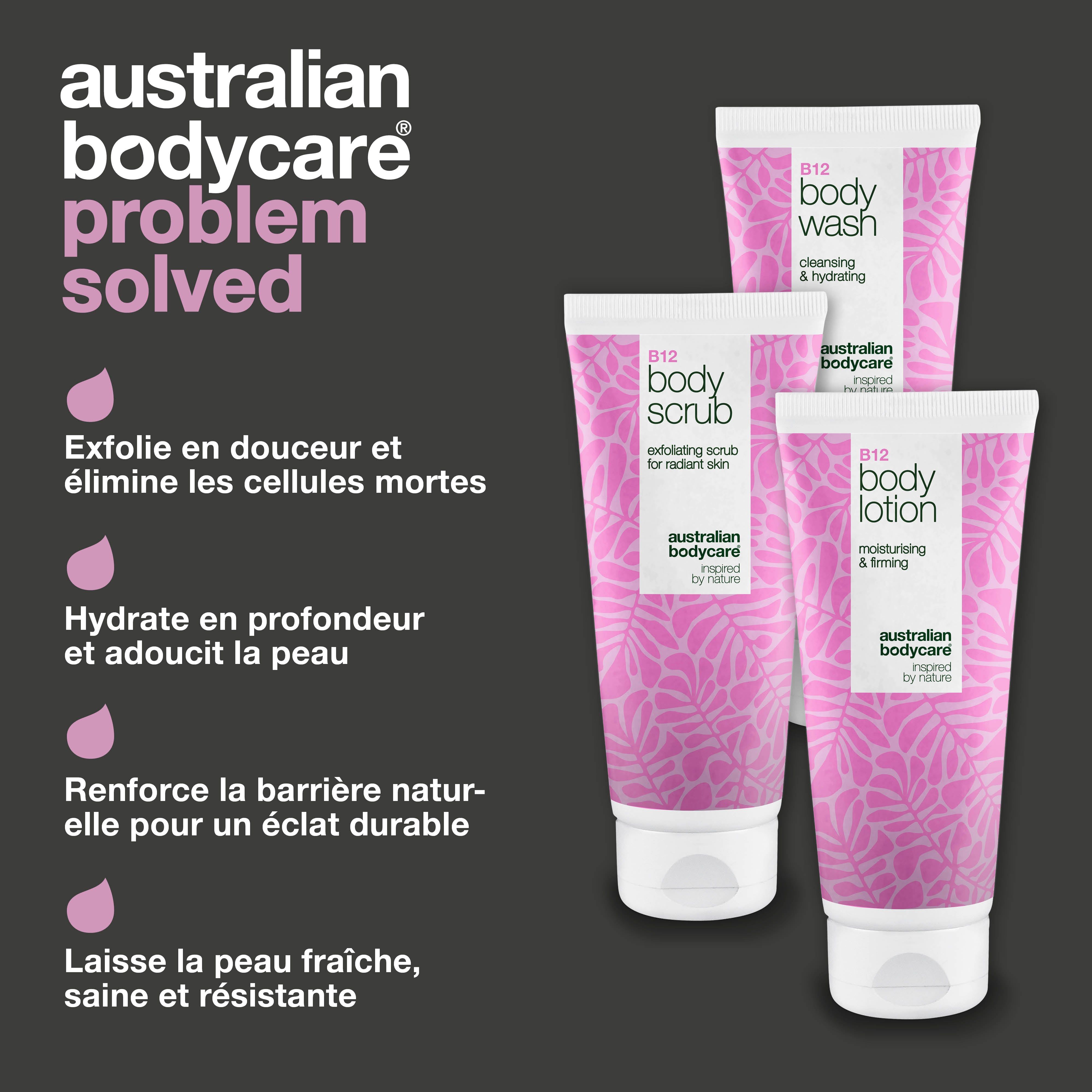 Trois tubes : B12 Body Wash, Body Scrub, Body Lotion. Texte : Australian Bodycare, problème résolu. Exfoliation, hydratation, éclat.