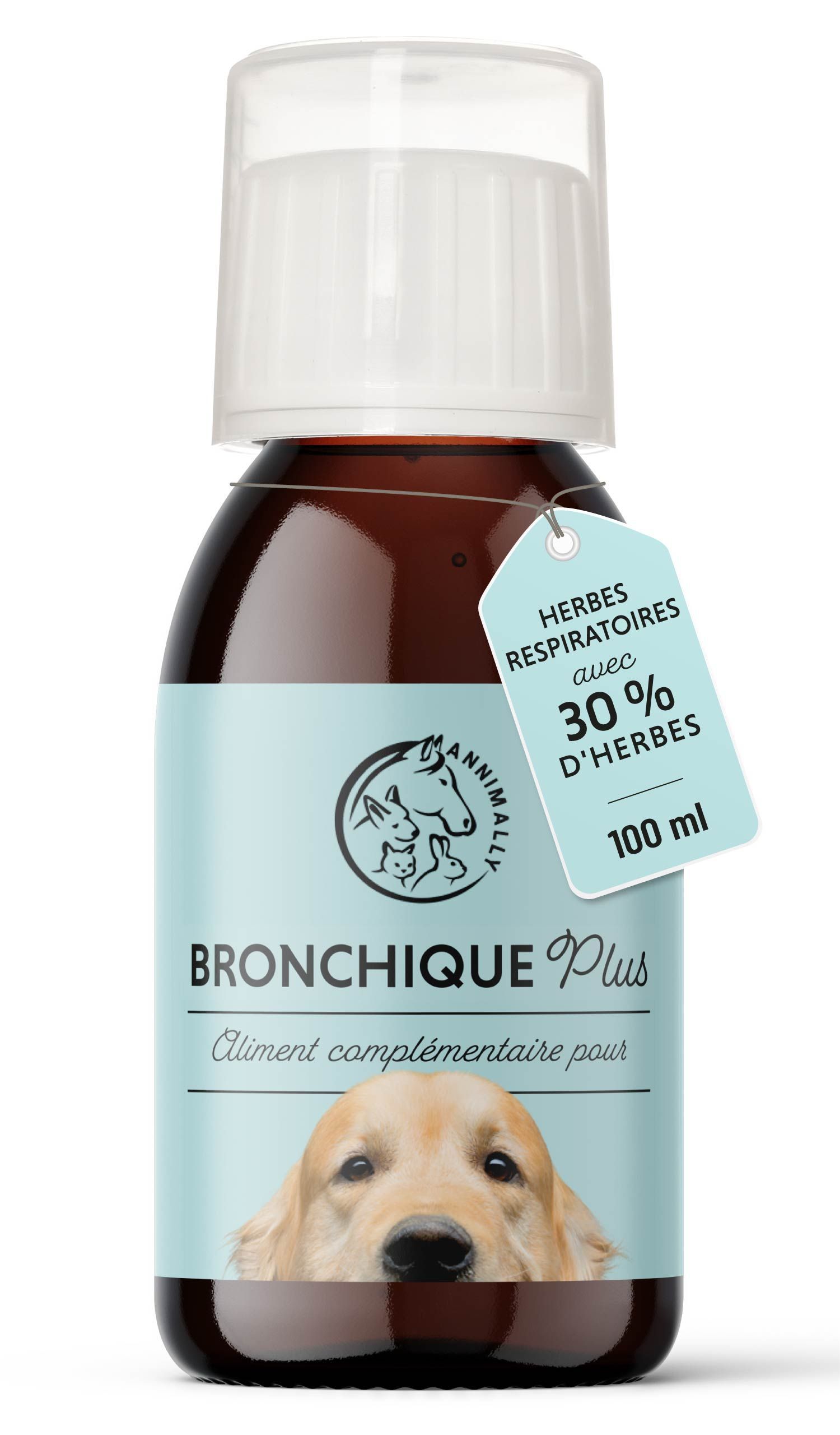 Bouteille marron avec étiquette. Inscription: Bronchique Plus. Aliment complémentaire pour chiens. 100 ml.