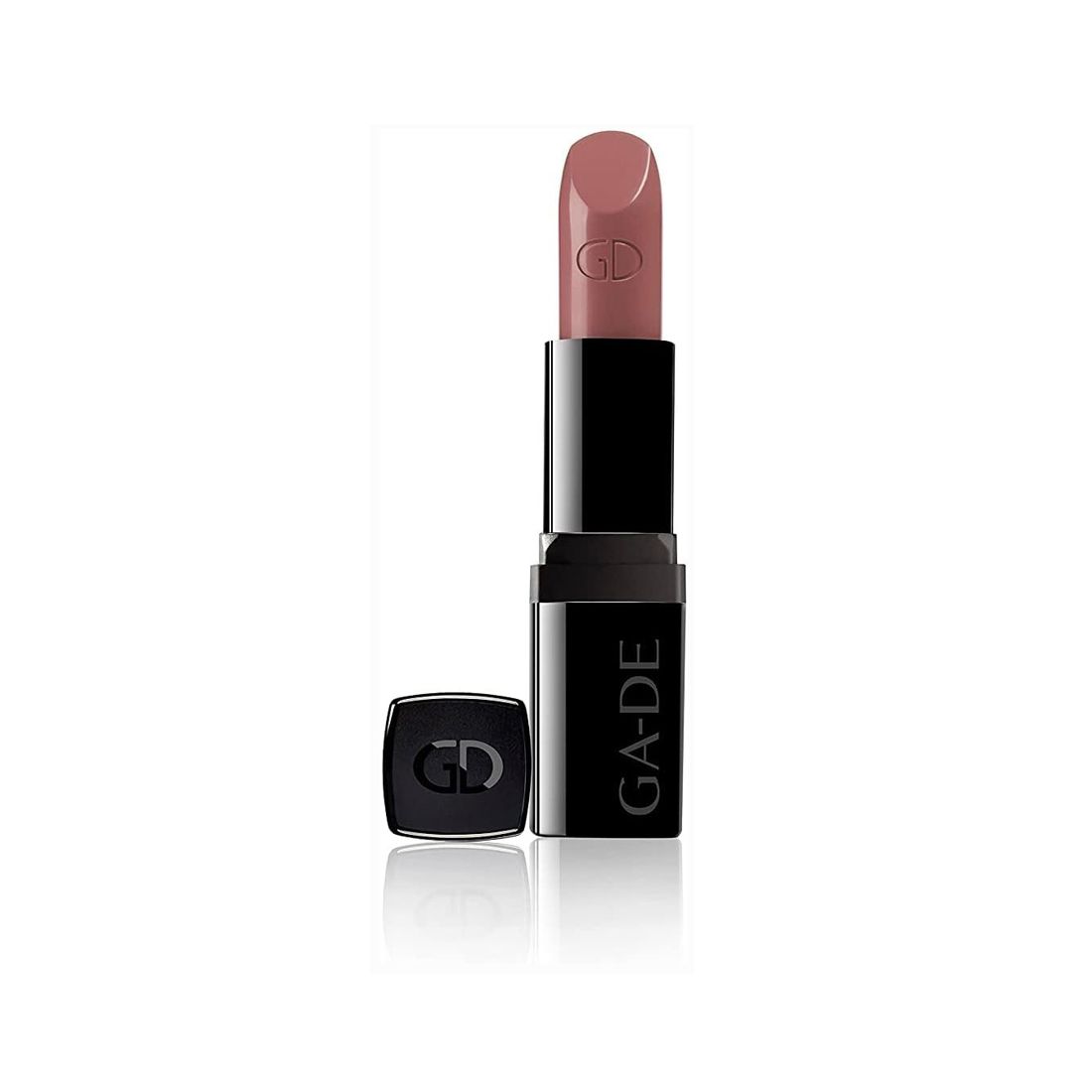 Rouge à lèvres rose dans un étui noir. Le nom "GA-DE" est visible. Le capuchon est à côté.